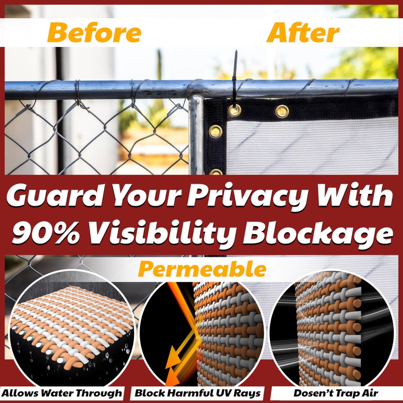 Amgo 5 ' x 10 ' White Fence Privacy Screen, Commercial Standard Heavy Duty Windscreen with Bindings & Grommets, 90% Blockage, Cable Zip Ties Included (We Make Custom Size) - Image 3